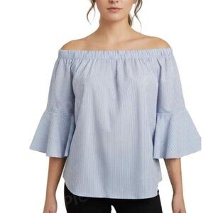 Kontrol Contemporary Blue & White Stripe Off-Shoulder 3/4 Sleeve Blouse Medium